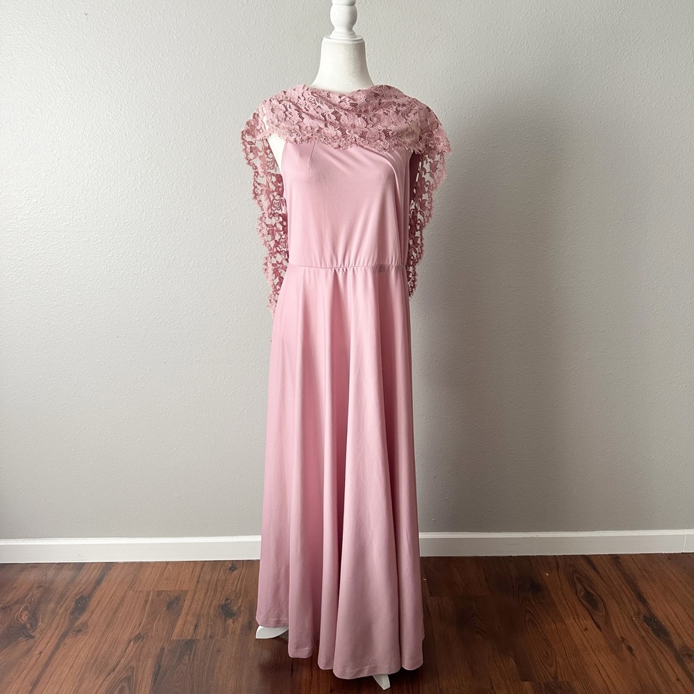 Vintage 70s Gilberti Pink Lace Cape Floor Length Maxi Dress Women's Size 10